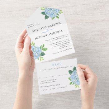 blue hydrangea watercolor floral wedding all in one invitation