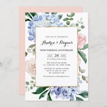 blue hydrangeas and pink roses wedding anniversary invitation