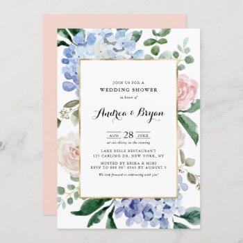 blue hydrangeas and pink roses wedding shower invitation