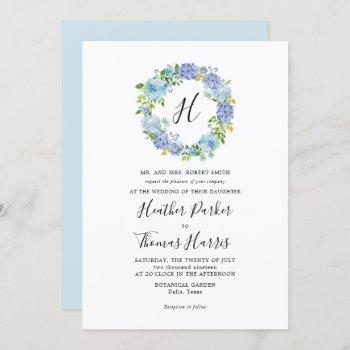 blue hydrangeas floral monogram wedding invitation