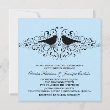 blue love bird swirls wedding invitation