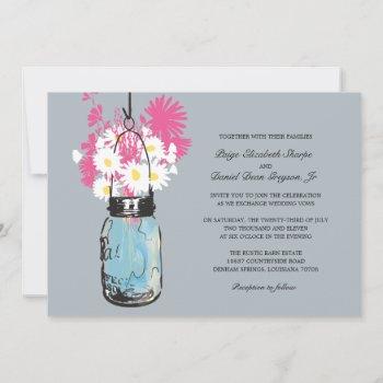 blue mason jar daisies and wildflowers wedding invitation