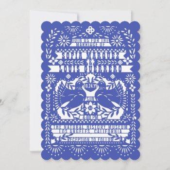 blue mexican fantail doves papel picado wedding invitation