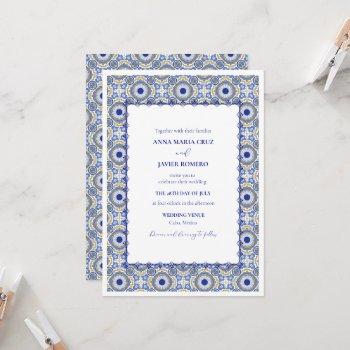 blue mexican talavera spanish wedding invitation
