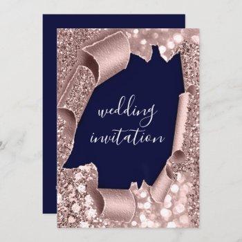 blue navy 3d rose gold wedding glitter  invitation