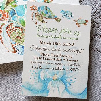blue orchid, sea turtles elopement reception party invitation