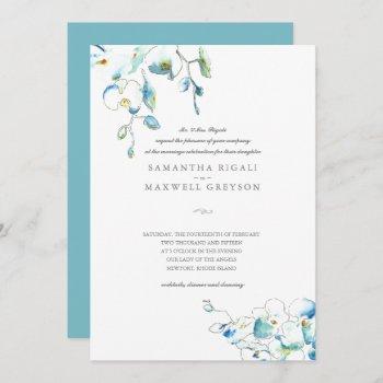 blue orchid watercolor flowers wedding invitation