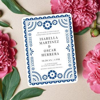 blue papel picado inspired wedding invitation
