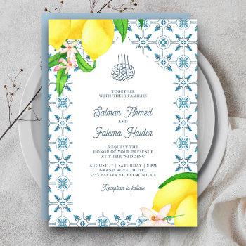 blue persian mosaic tile lemon islamic wedding invitation