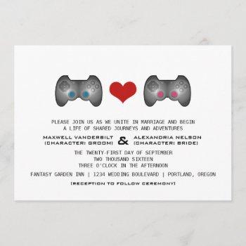Small Blue Pink Cute Gamer Wedding Invite Front View