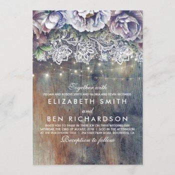 blue purple and plum vintage floral lace wedding invitation
