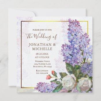 blue purple lilacs gold frame christian wedding invitation