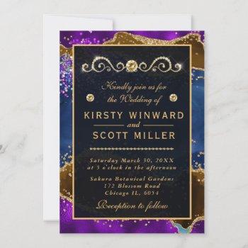 blue & purple peacock agate & gold glitter wedding invitation
