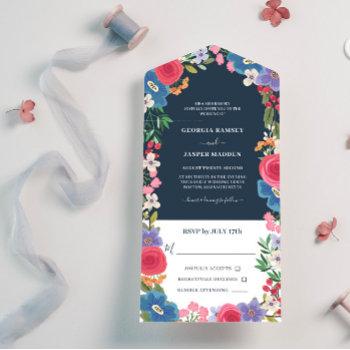 blue red flowers navy floral wedding all in one invitation
