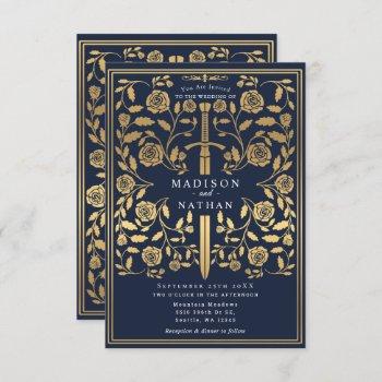 blue royal medieval gold sword wedding invitation