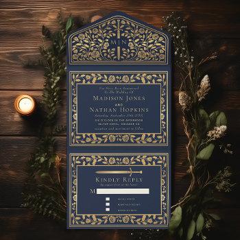 blue royal medieval sword wedding  all in one invitation