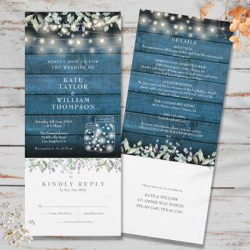 blue rustic foliage mason jars all in one wedding invitation