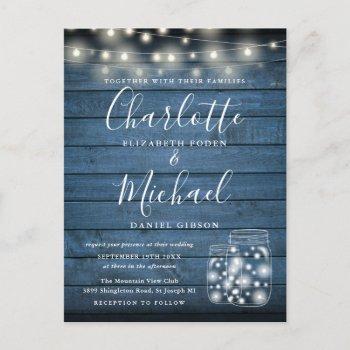 blue rustic wood string lights mason jars wedding  invitation postcard
