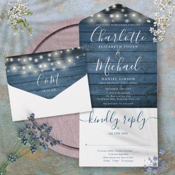 blue rustic wood string lights monogram wedding  all in one invitation