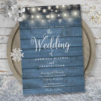 blue rustic wood winter snow string lights wedding invitation