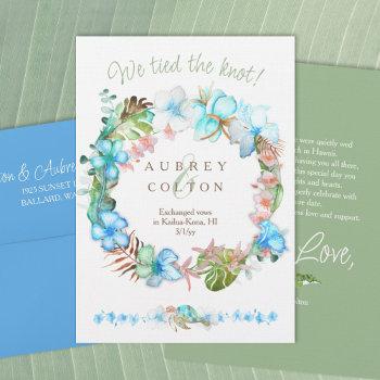 Small Blue, Sage Green Tropical Elopement Announcement Front View