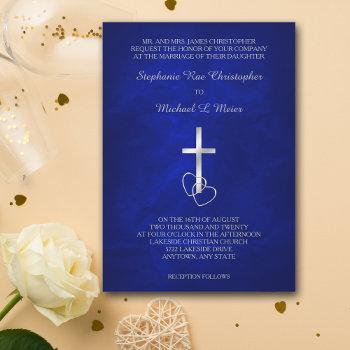 blue silver christian cross wedding invitation