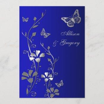 blue, silver floral butterflies wedding invitation