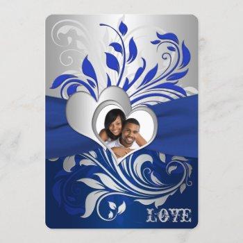 Small Blue, Silver Scrolls, Hearts Photo Wedding Invite Front View