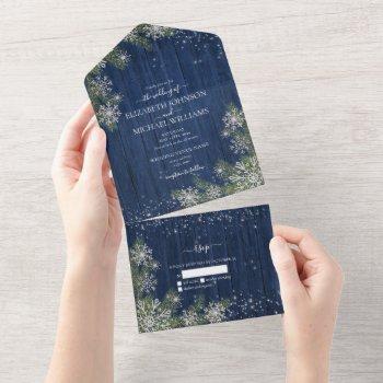 blue silver winter wood plaid rustic wedding all in one invitation