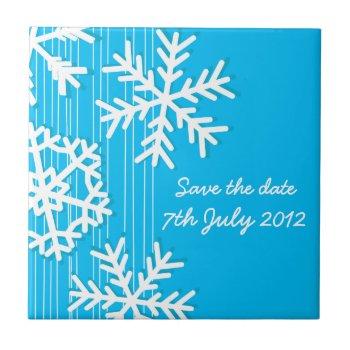 Small Blue Snowflakes Christmas Save The Date Tile Front View