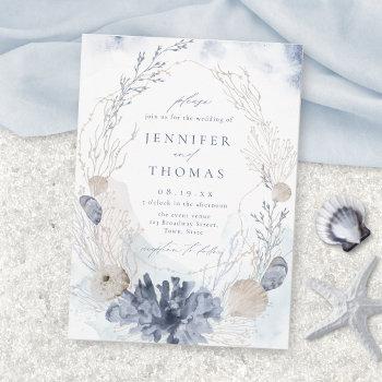 blue watercolor coral & seashells beach wedding invitation