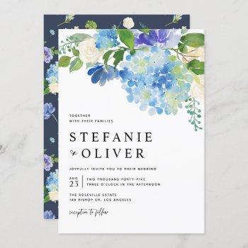 blue watercolor hydrangea winter floral wedding invitation