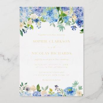 blue watercolor hydrangeas botanical wedding foil invitation