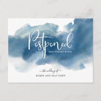 blue watercolor, postponement wedding announcement postcard