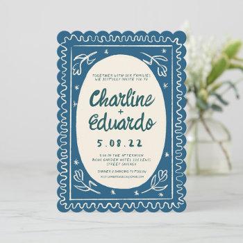 blue wavy handwritting modern wedding  invitation