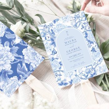 blue white birds peony chinoiserie garden wedding invitation