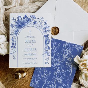 blue white chinoiserie floral garden wedding invitation