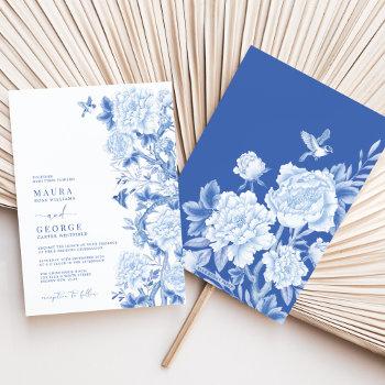 blue white floral birds chinoiserie garden wedding invitation