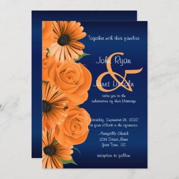 blue with orange rose & daisy wedding invitations