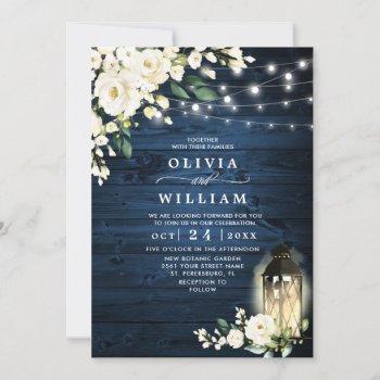 blue wood & white roses lantern watercolor wedding invitation