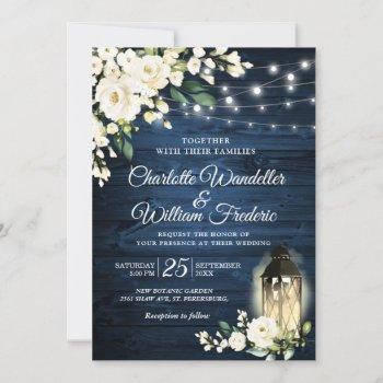 blue wood & white roses lantern watercolor wedding invitation