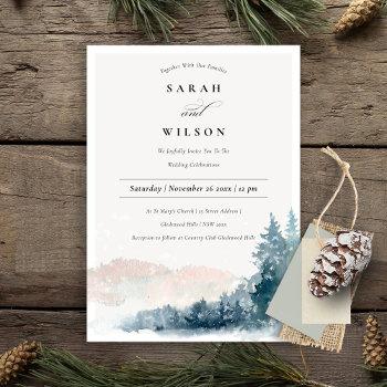 Small Blush Blue Pine Snow Mountains Wedding Invite Front View