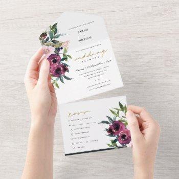 blush burgundy floral bunch watercolor wedding all all in one invitation