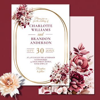 blush burgundy floral gold frame modern wedding invitation
