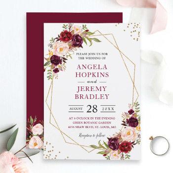 blush burgundy floral modern gold frame wedding invitation