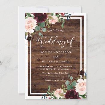 blush & burgundy red flowers rustic wood wedding invitation