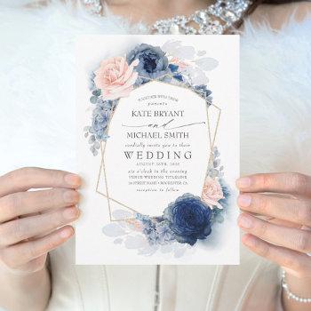 blush dusty and navy blue floral wedding invitation
