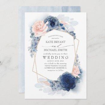 blush dusty and navy blue floral wedding invitation