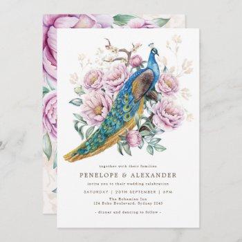 blush floral peacock chinoiserie wedding  invitation