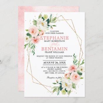 blush florals gold modern geometric frame wedding invitation